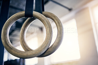 Buy stock photo Closeup shot of gymnastic rings in a gym