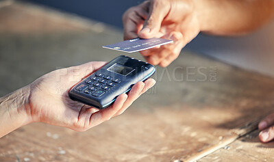 Buy stock photo Closeup, hands of person with credit card and wireless pay machine for payment. Subscription or cashier, digital transaction or promotion and customer paying membership with bank information