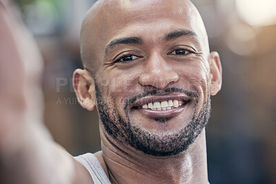 Buy stock photo Selfie, headshot and portrait of black man in gym for workout, fitness and training with smile for progress. Happy, closeup and athlete in building for wellness, health and exercise for sport