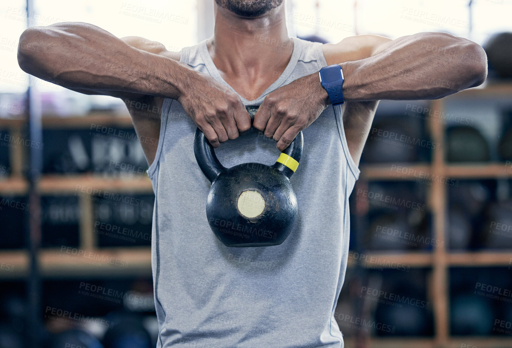 Buy stock photo Kettlebell, strong and arms of person for workout, exercise and development for sport. Bodybuilder, lift and body of athlete with equipment at gym for wellness, training and healthy progress