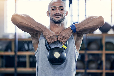 Buy stock photo Fitness, kettlebell and portrait with bodybuilder man in gym for strength training or workout. Exercise, heavy and smile with happy bald athlete in health club for power or physical improvement