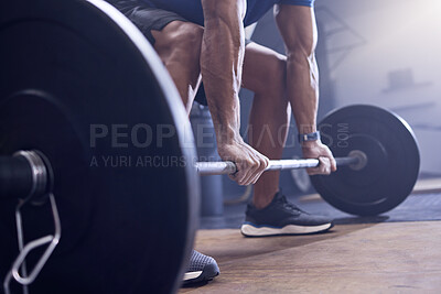 Buy stock photo Gym, man and fitness with deadlift at the gym for a workout with close up for training with healthy body. Weightlifting, male trainer and club with strong muscles and hands for sport with equipment.