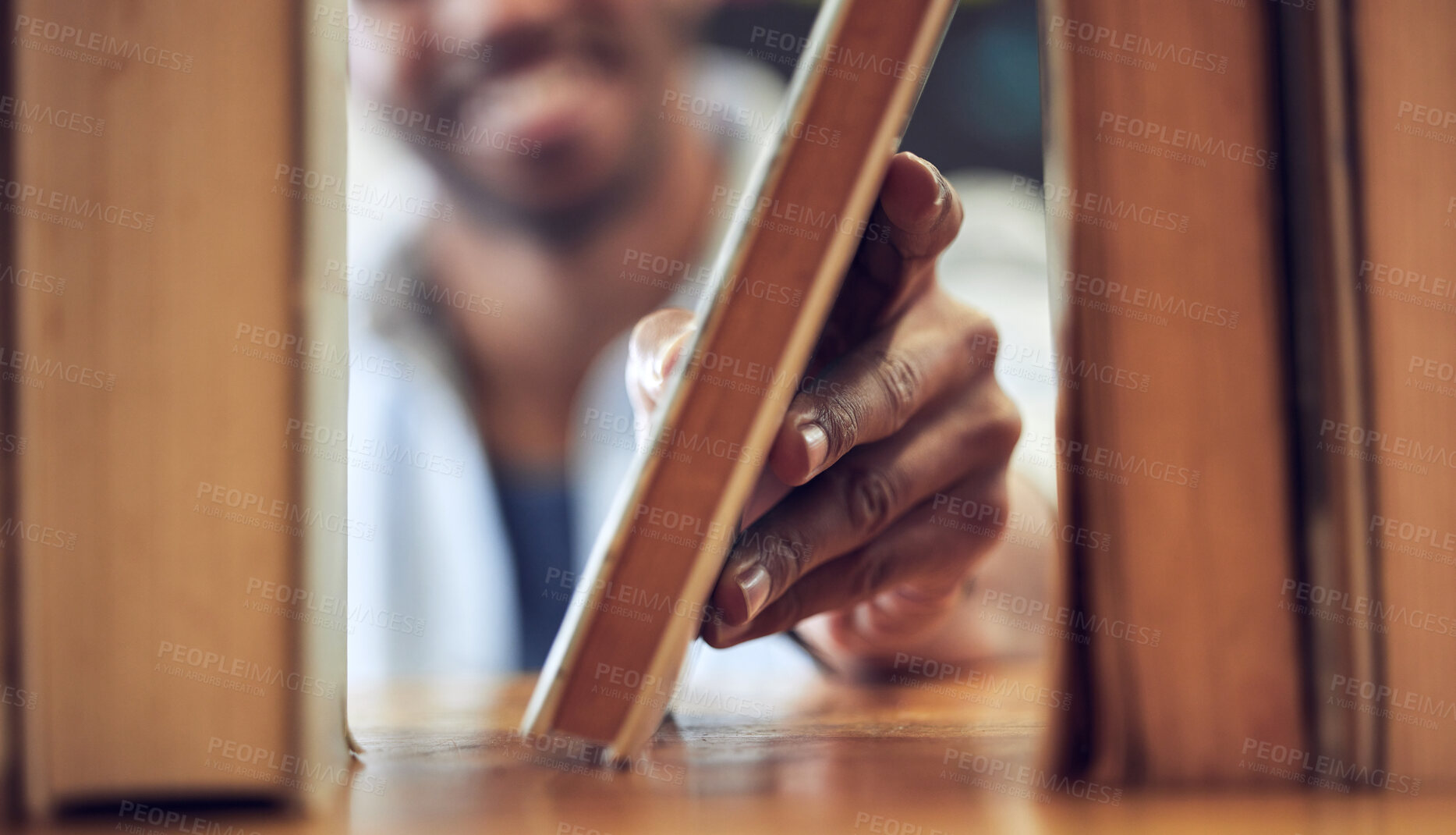 Buy stock photo Person, hand and library bookshelf with choice for university learning or education, literature or study. College, campus and academic research for scholarship project or reading, knowledge or store