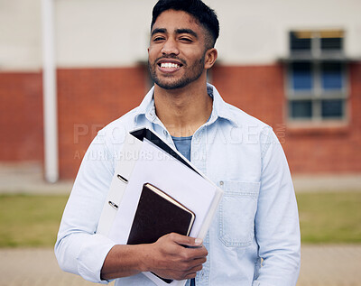 Buy stock photo Happy man, student and thinking with books for knowledge, education or inspiration at university campus. Young male person or learner with smile in wonder for learning, ambition or scholarship