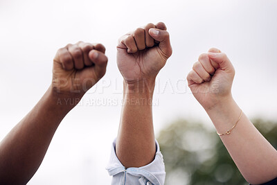 Buy stock photo Anger, justice and fists of people at a protest for freedom, government change and fighting power. Angry, support and diversity and community with passion for social movement, politics and solidarity