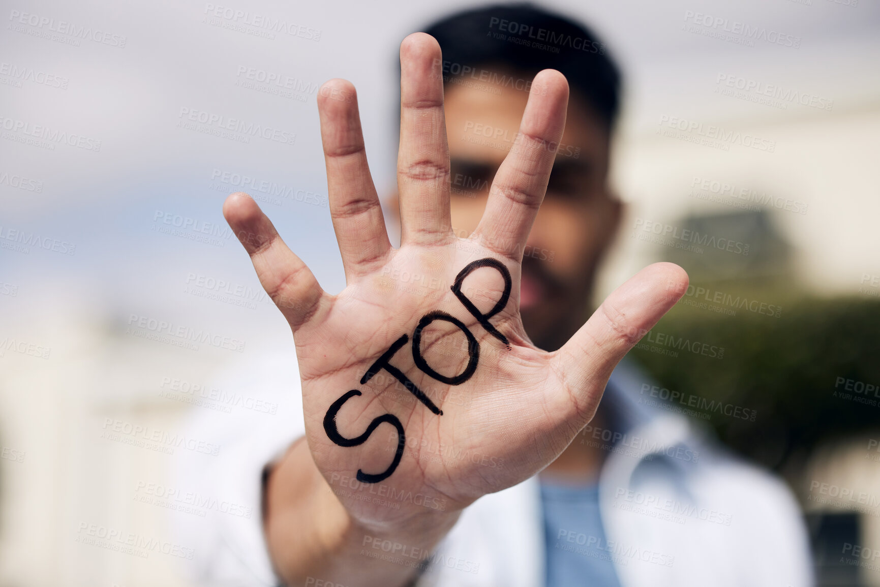 Buy stock photo Stop, no and hand for protest sign, human rights or fight racism outdoor in woke university campus. Palm, closeup and person show rejection gesture for warning, caution or prohibition of violence