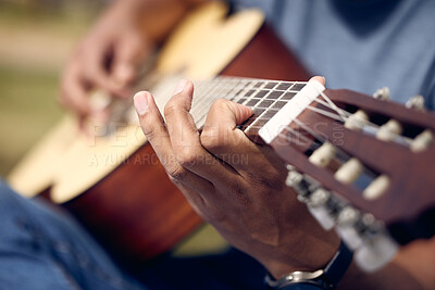 Buy stock photo Hands, man and playing guitar in garden for music, sound and performance in nature. Male person, musician and instrument in backyard for practice, production and rehearsal for talent show in park