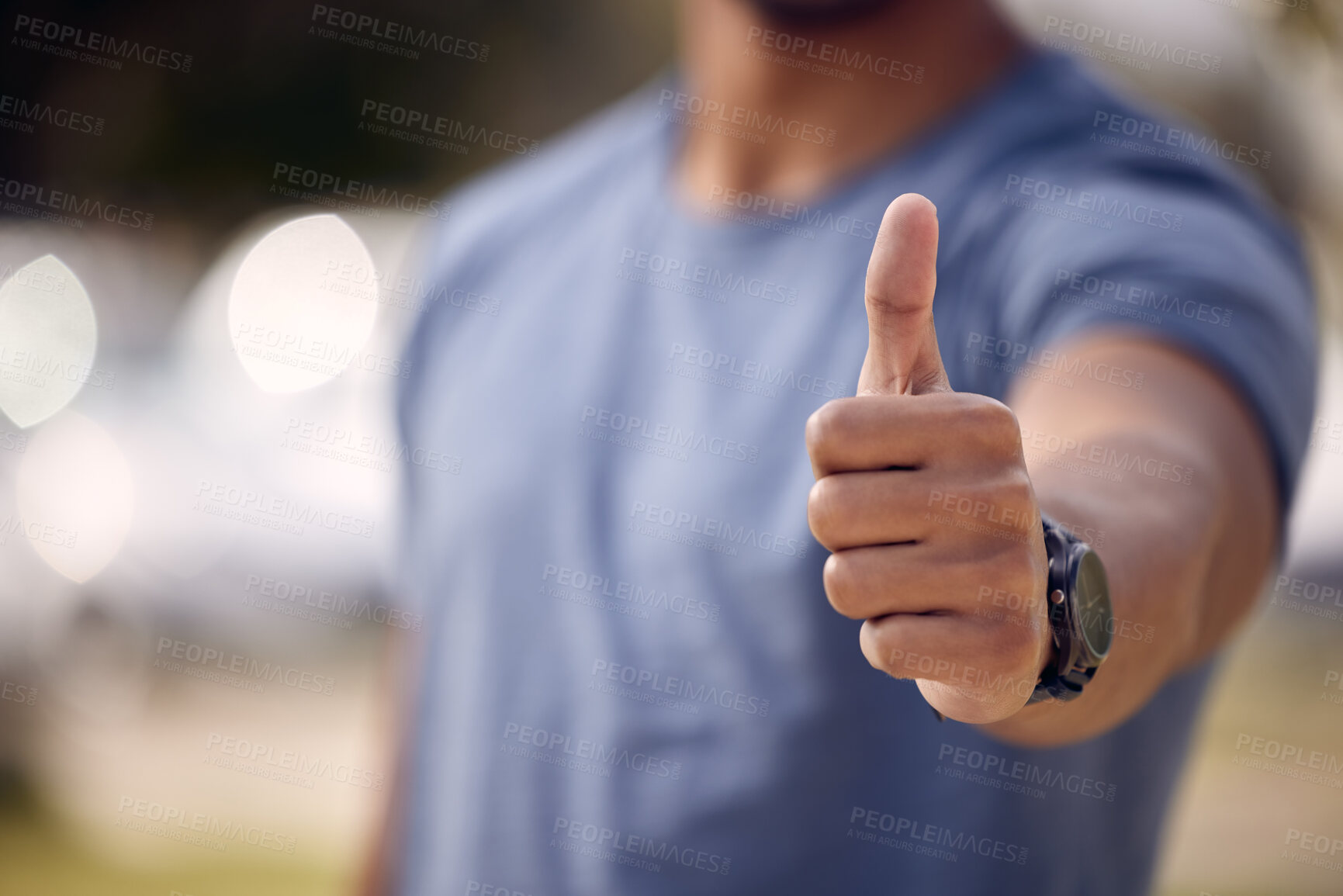 Buy stock photo Person, hands and thumbs up support for workout approval or winning agreement, fitness or good job. Fingers, yes and wellness motivation for healthy exercise or outdoor for sport, goal or training