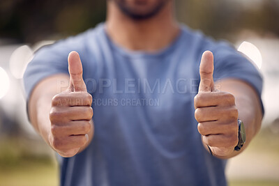 Buy stock photo Male student, thumbs up and college for education or learning, yes for scholarship or agreement. Man, zoom or hand sign with fingers up for university or knowledge, success in on campus New York City