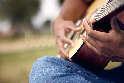 Buy stock photo Guitar, hands and musician in garden for music, sound and song or performance in nature. Male person, instrument and artist in backyard for practice, production and show rehearsal for band on weekend