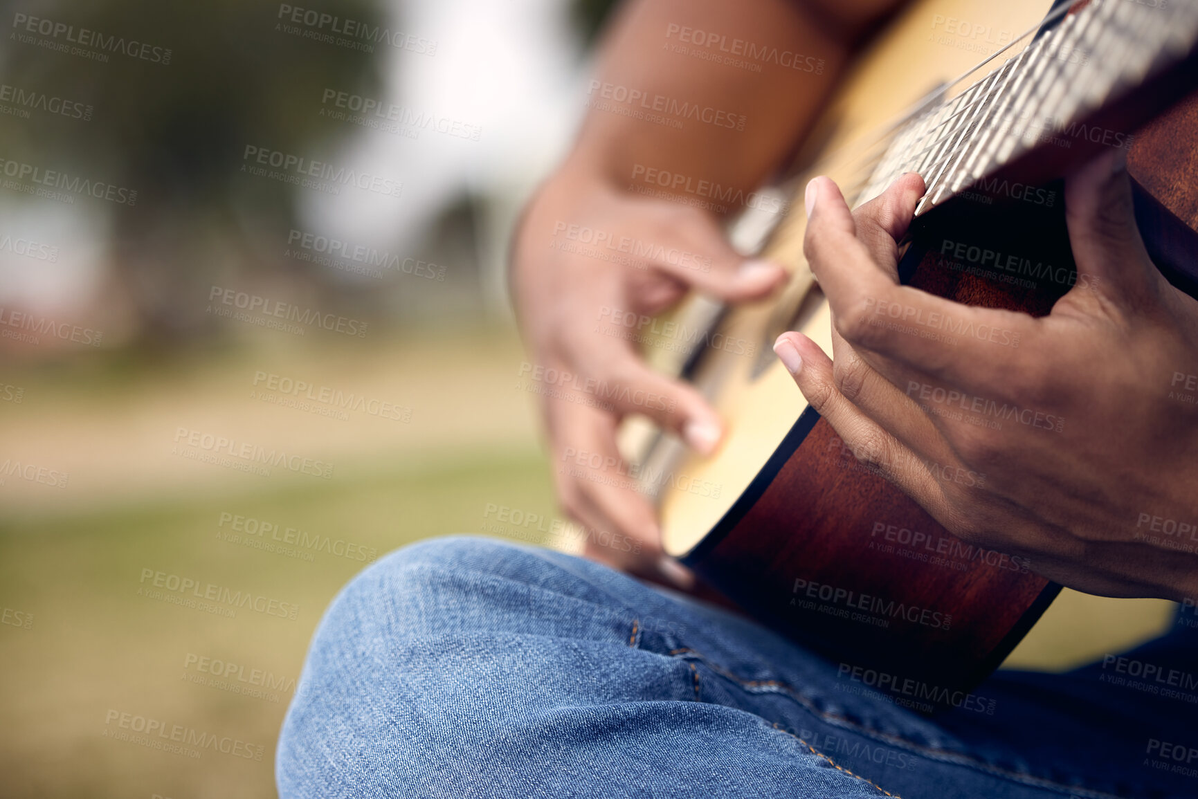 Buy stock photo Guitar, hands and musician in garden for music, sound and song or performance in nature. Male person, instrument and artist in backyard for practice, production and show rehearsal for band on weekend