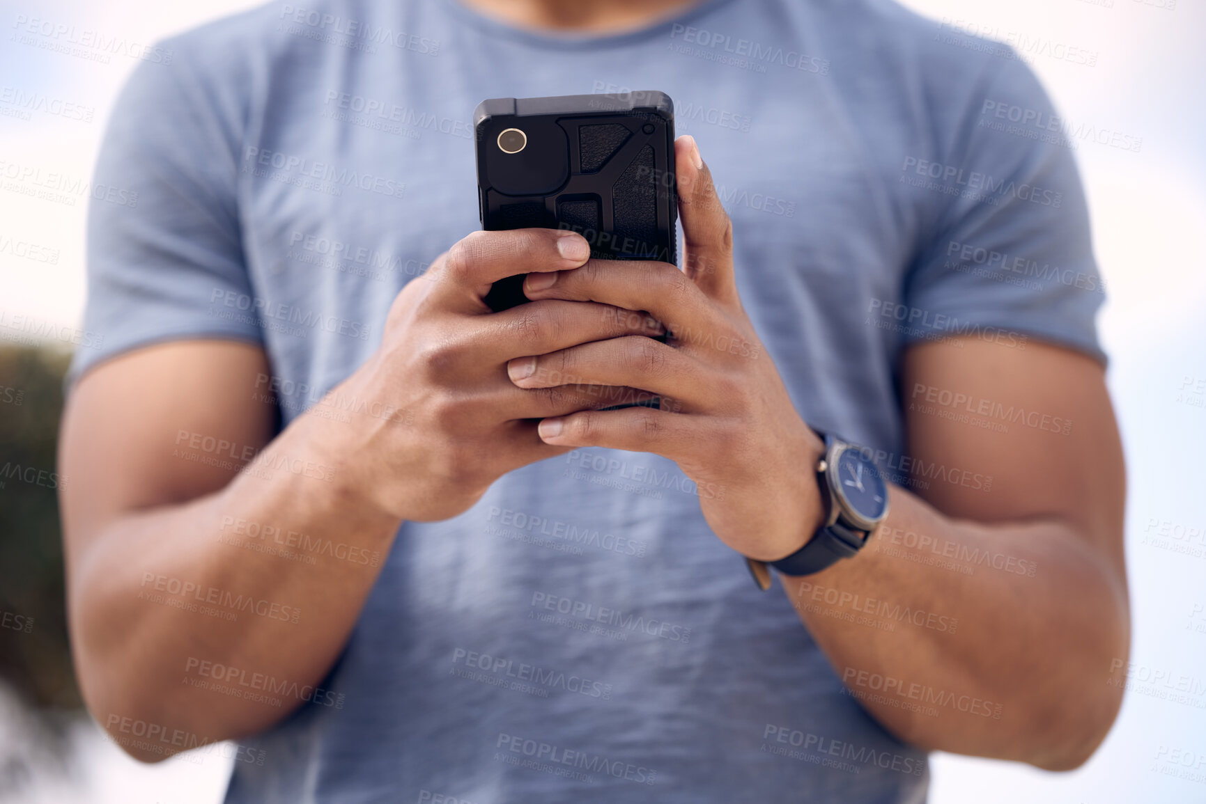 Buy stock photo Outdoor, communication and hands of man with phone for social media, networking and text message. City, typing and male person with smartphone for online search, digital connection or chat to contact