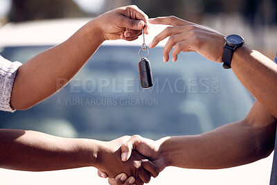 Buy stock photo People, handshake and keys for new car purchase for business agreement, transportation or journey. Vehicle, buying and insurance rental for driving hiring with dealership agent, contract or salesman