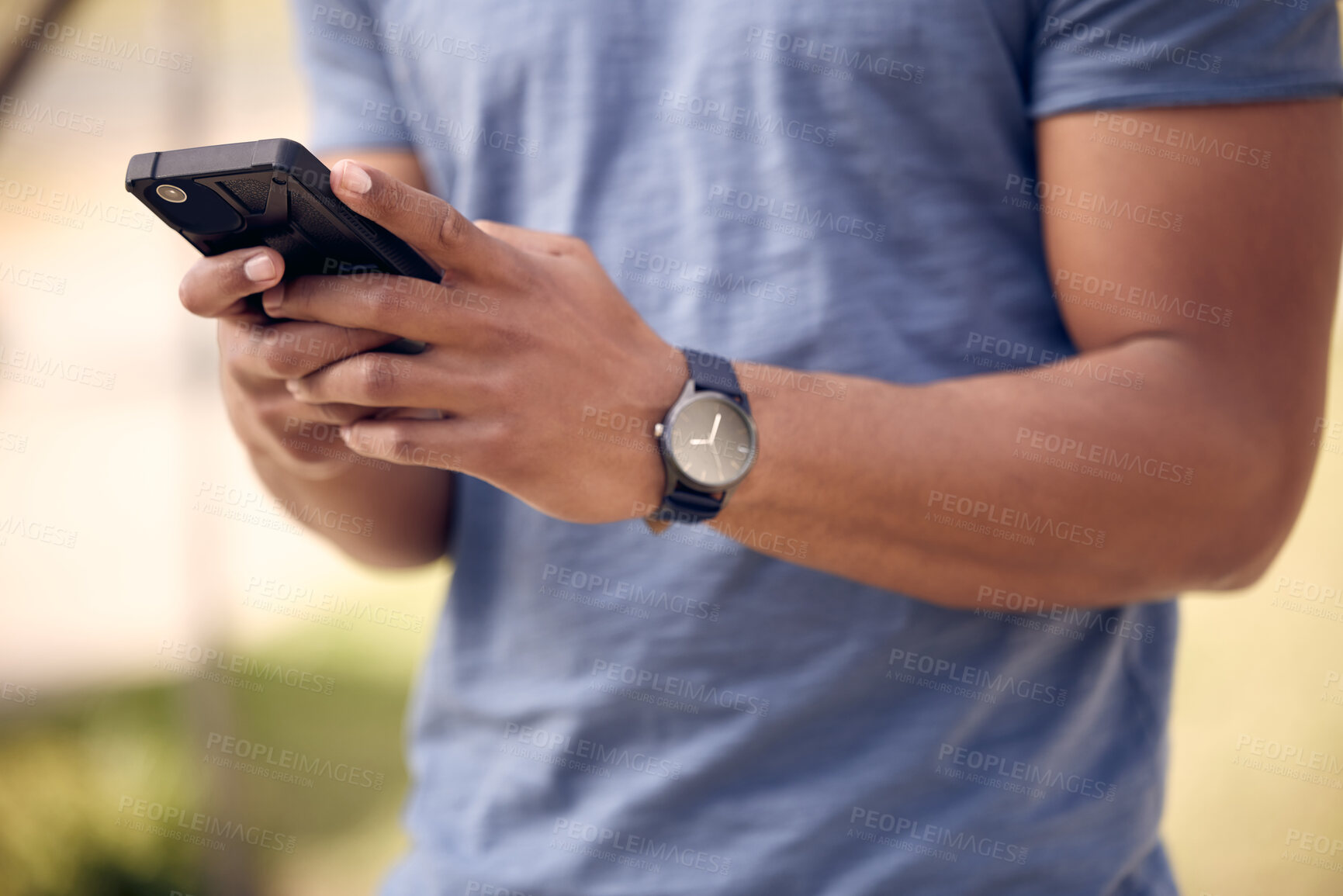 Buy stock photo Phone, hands and student in park, outdoor and typing in app with connection to social media and chat. University, education and person in campus with mobile, texting and check for update in studying