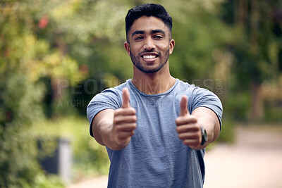 Buy stock photo Man, thumbs up and college for education or learning, yes for scholarship or agreement. Male student, zoom or hand sign with fingers up for university or knowledge, success in on campus New York City