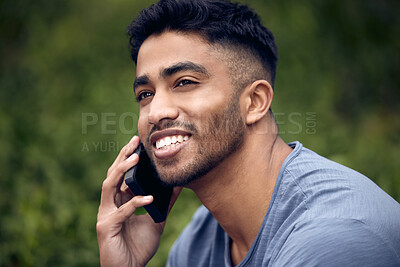 Buy stock photo Phone call, man and college student in park, face and smile with connection to contact and talking. University, education and person in campus with mobile, speaking and check for update in studying