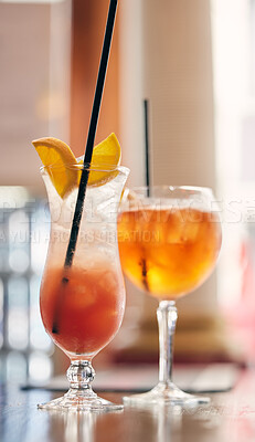 Buy stock photo Shot of two cocktails on a table in a nightclub