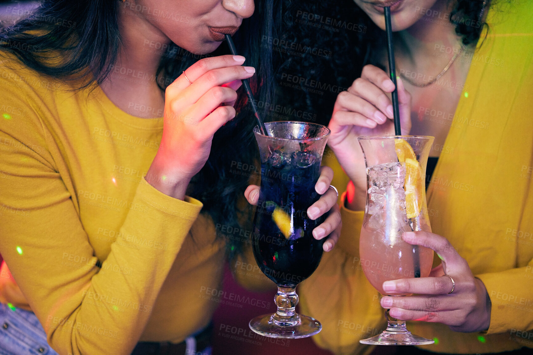 Buy stock photo Hands, woman and fun with cocktails for night out together at party, event and nightclub by bonding as friends for happy hour. People, relax and drink of alcohol glass, mojito and reunion at festival