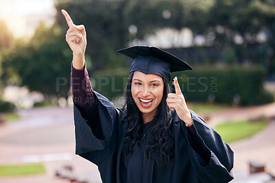 Buy stock photo Woman, portrait and happy for university graduation on campus with celebration, success and completion for qualification. Certificate, college and pride with smile or confident on education or future