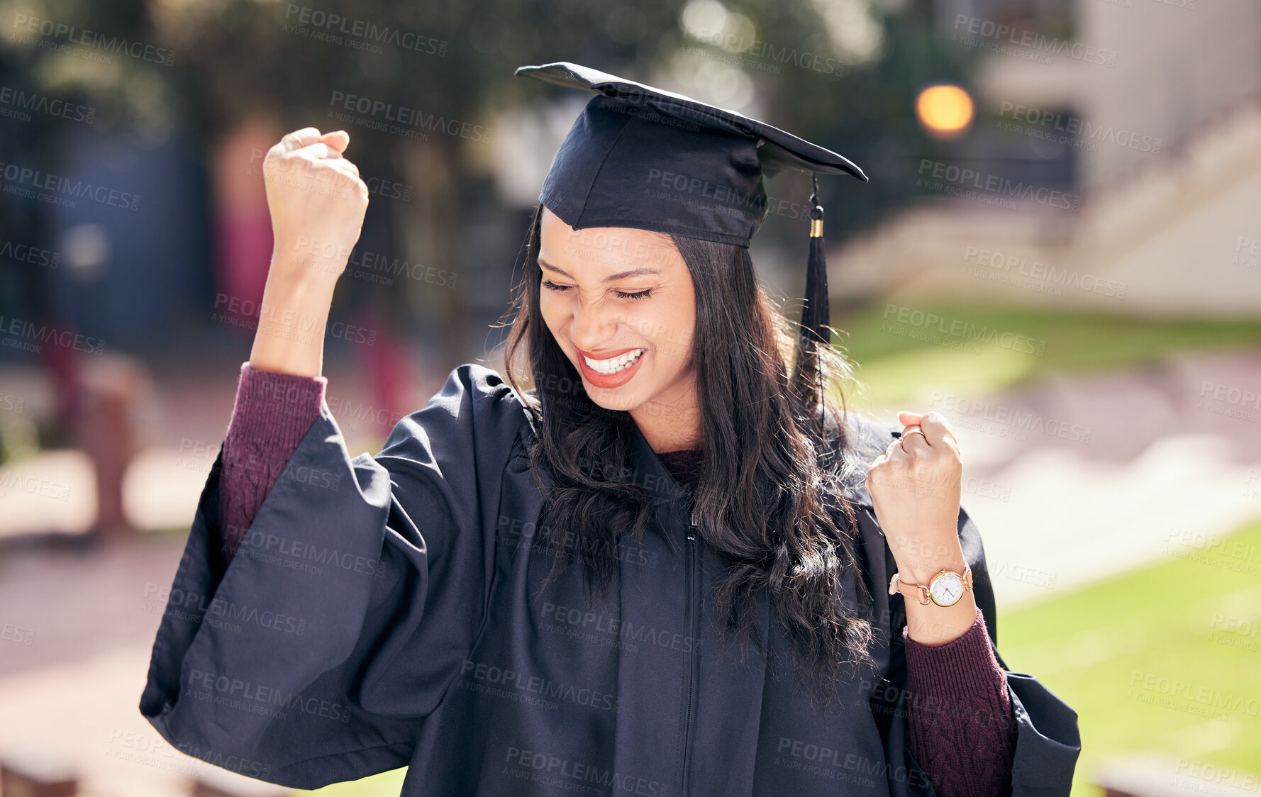 Buy stock photo Success, smile and woman celebrate graduation, achievement or winning at college campus. Yes, cheers and happy graduate outdoor at university for education goal, scholarship and victory of student