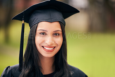 Buy stock photo Woman, portrait and happy for college graduation on campus with celebration, success and completion for qualification. Student, university and pride with smile or confident on education or future