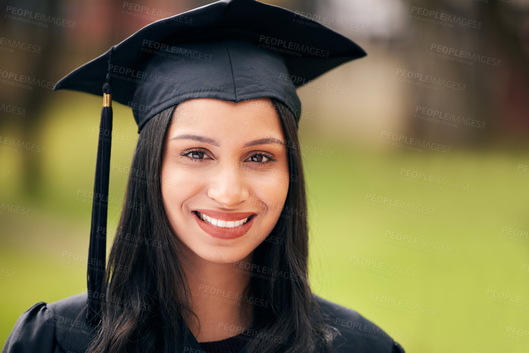 Buy stock photo Woman, portrait and happy for college graduation on campus with celebration, success and completion for qualification. Student, university and pride with smile or confident on education or future