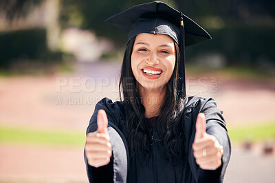 Buy stock photo Woman, portrait and happy with thumbs up for graduation on campus with celebration, success and completion for qualification. Achievement, college and pride with smile or confident with future