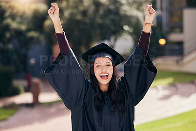 Buy stock photo Woman, portrait and cheerful for university graduation on campus with celebration, success and completion for qualification. Arms up, college and pride with smile or happiness on education or future