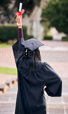 Buy stock photo Success, certificate and woman celebrate graduation, achievement or winning at college campus. Yes, cheers and  graduate with diploma outdoor at university for education goal, scholarship and back