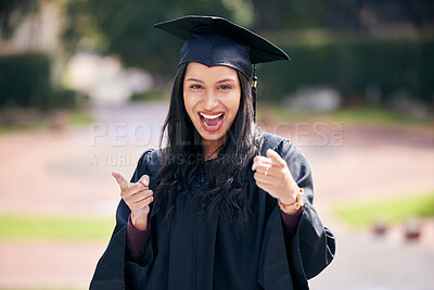 Buy stock photo Woman, portrait and excited for university graduation on campus with celebration, success and completion for qualification. Pointing, college and pride with smile or confident on education or future