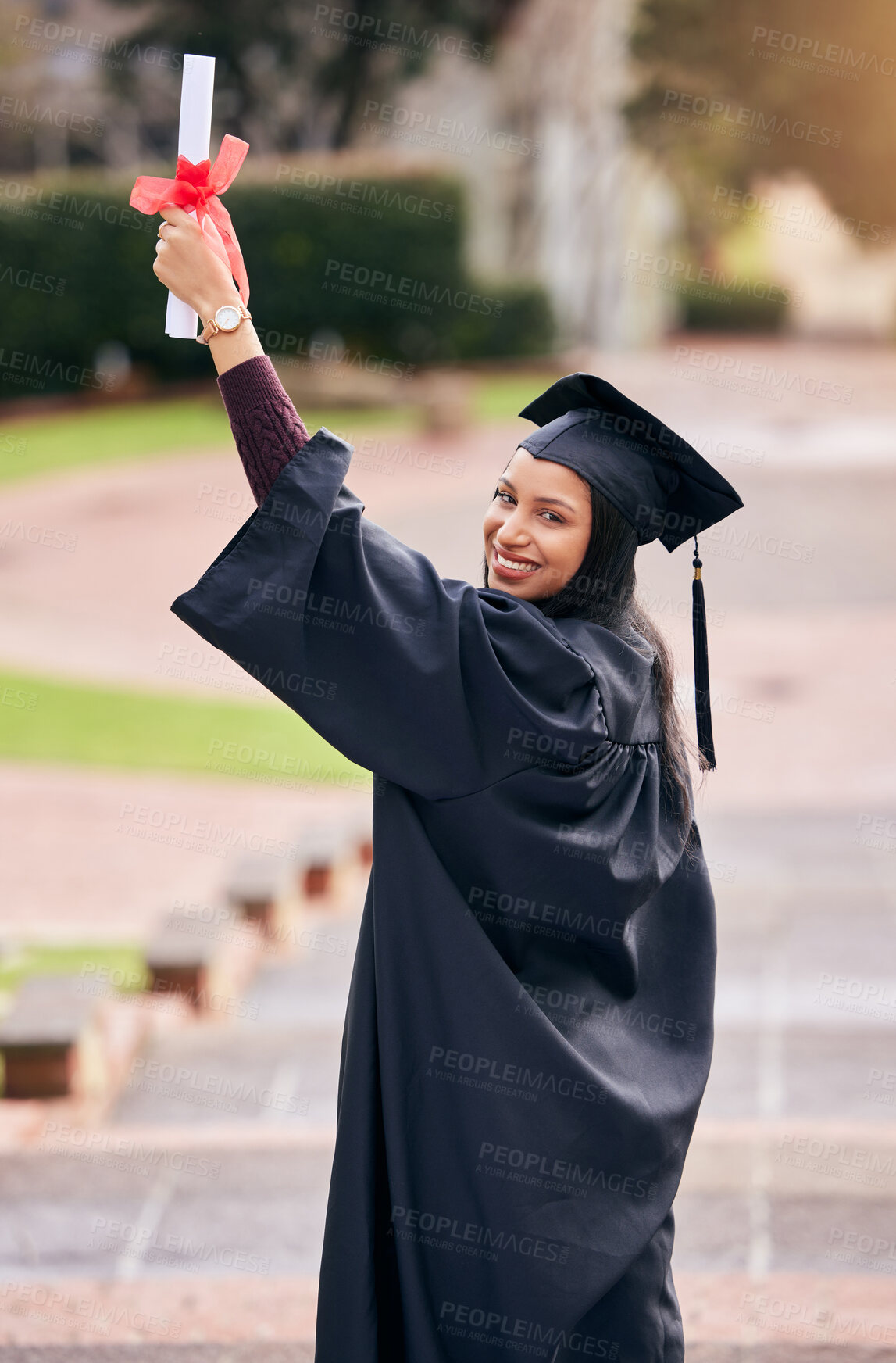 Buy stock photo Diploma, portrait and happy woman celebrate graduation, achievement and success at college campus. Smile, graduate and certificate outdoor at university for education goal, winning or scholarship