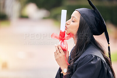 Buy stock photo Kiss, diploma and student at graduation in celebration of college, education and achievement. Study, certificate and girl with pride for university degree, success and gratitude for scholarship