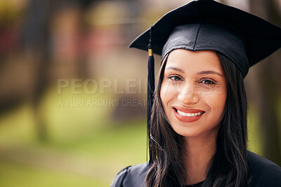 Buy stock photo Woman, portrait and smile for university graduation on campus with celebration, success and completion for qualification. Student, college and happy with pride or confident on education for future