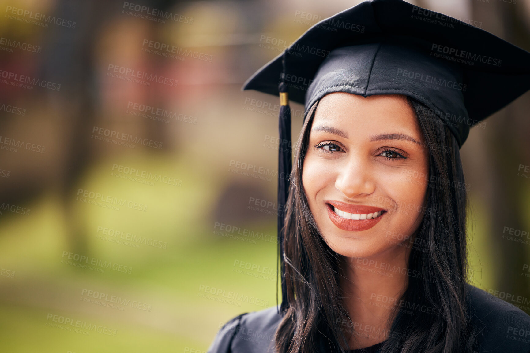 Buy stock photo Woman, portrait and smile for university graduation on campus with celebration, success and completion for qualification. Student, college and happy with pride or confident on education for future