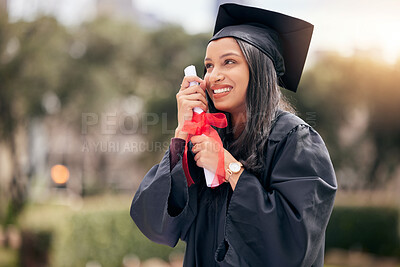 Buy stock photo Certificate, smile and woman celebrate graduation, achievement or success at college campus. Diploma scroll, student and happy graduate outdoor at university for education goal, learning and thinking