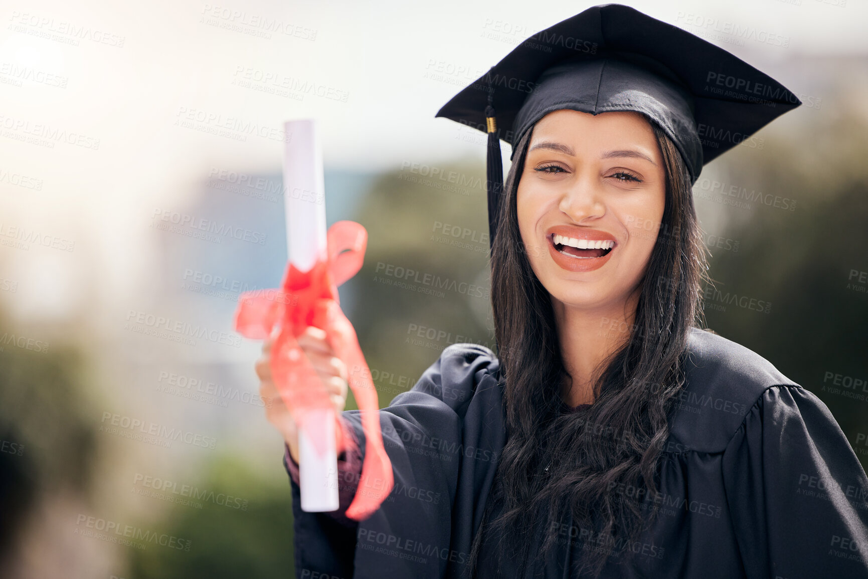 Buy stock photo Graduate, portrait and excited woman celebrate with diploma for achievement and success at college campus. Face, smile and graduation with certificate scroll outdoor at university for education goal