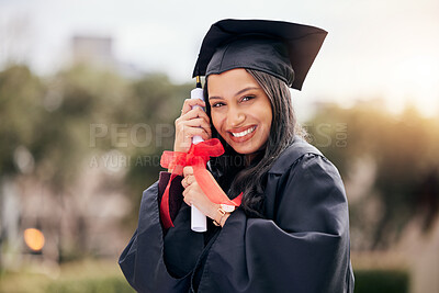 Buy stock photo Graduation, portrait and happy woman with certificate outdoor for university achievement, success or celebrate at college campus. Face, student or graduate with diploma scroll for education in Brazil