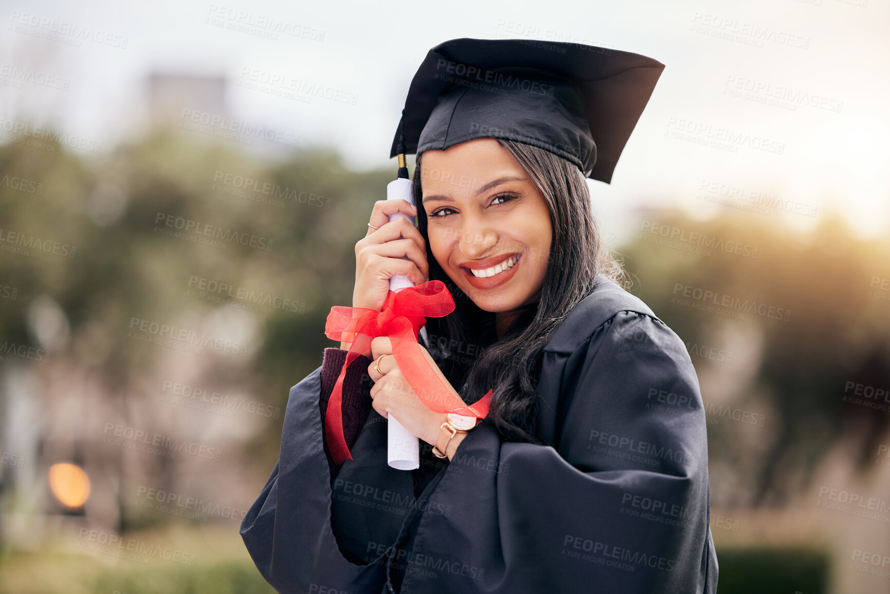 Buy stock photo Graduation, portrait and happy woman with certificate outdoor for university achievement, success or celebrate at college campus. Face, student or graduate with diploma scroll for education in Brazil