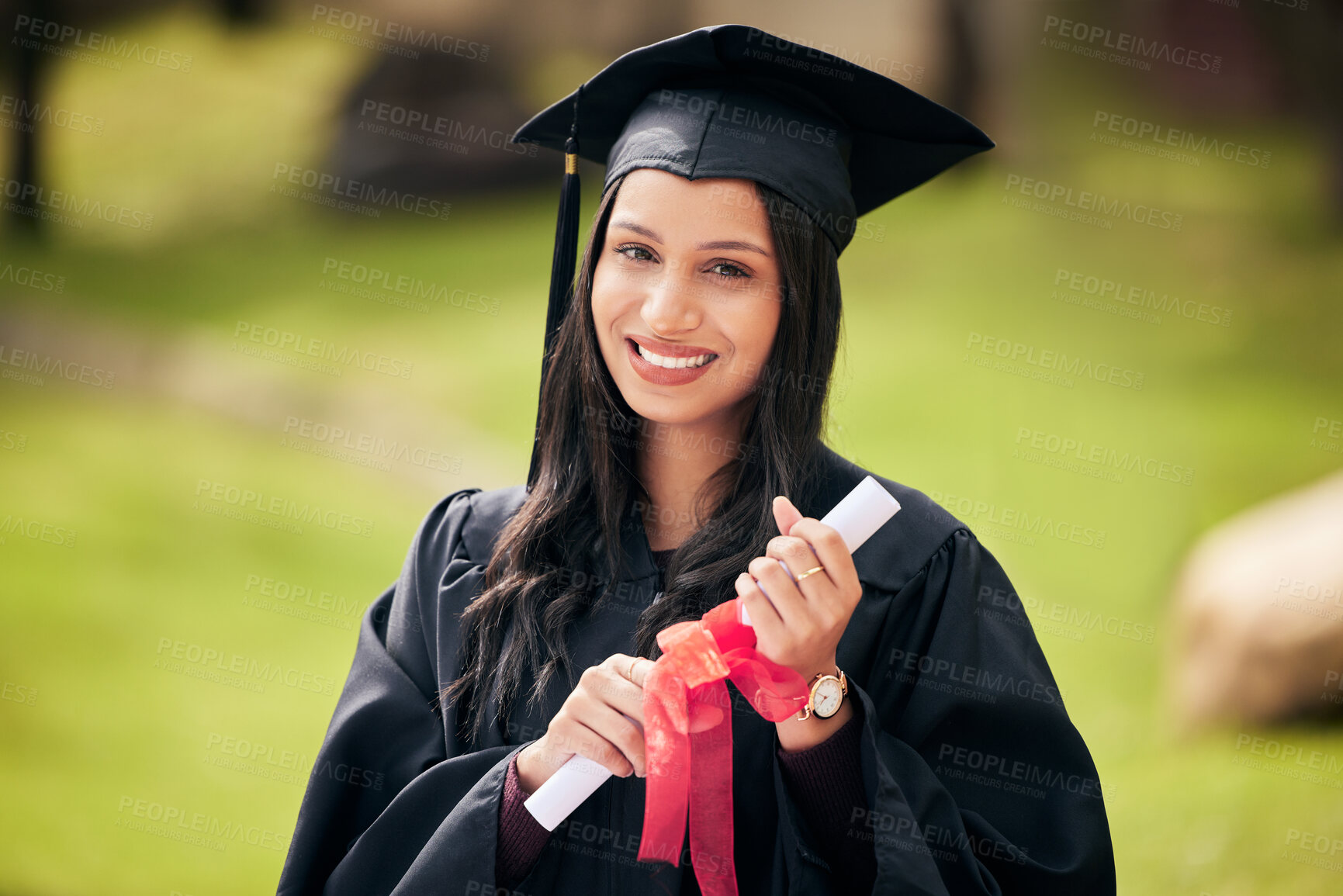 Buy stock photo Graduation, portrait and happy woman with diploma outdoor for achievement, success or celebrate at college campus. Face, student or graduate with certificate scroll at garden for education in Brazil