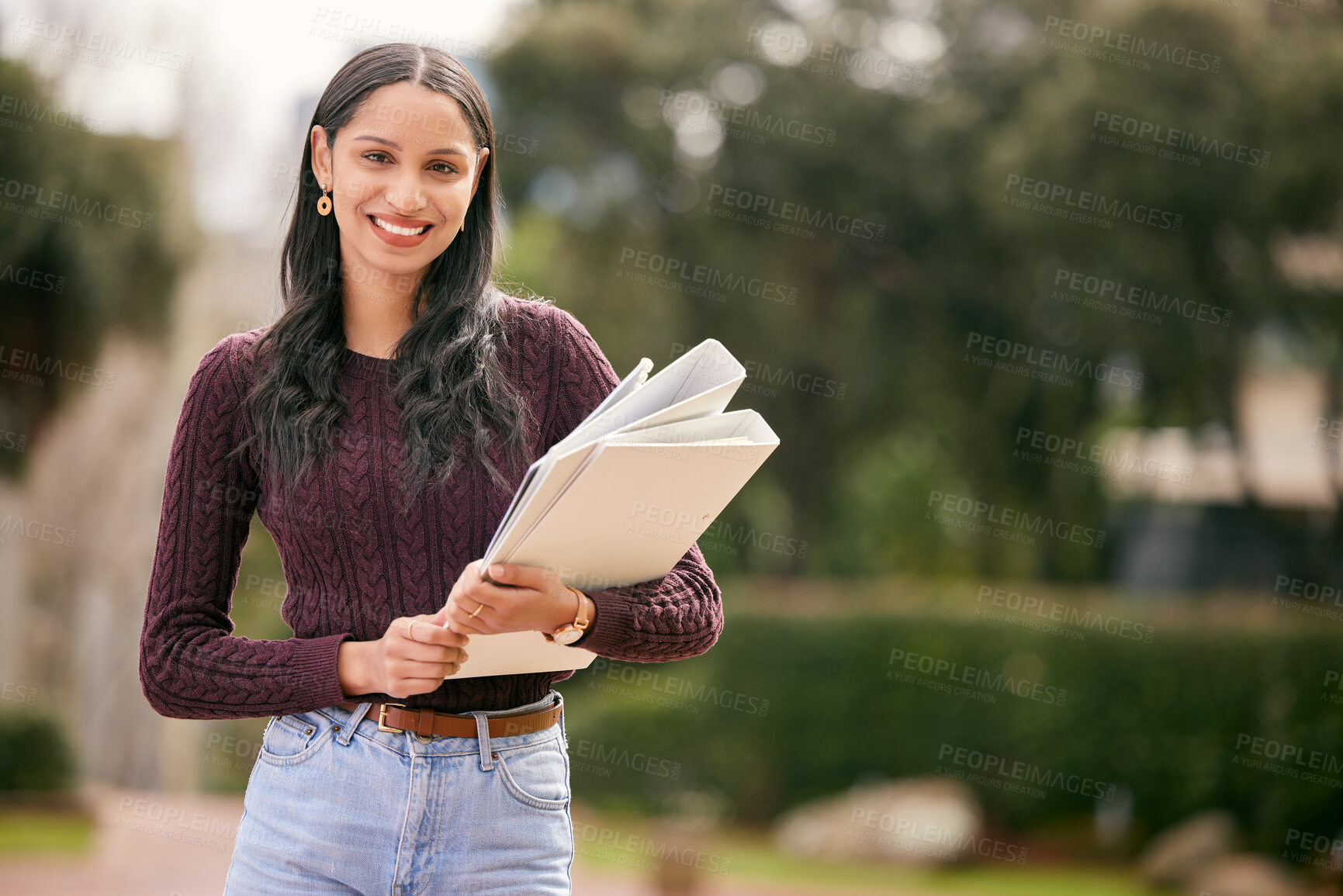 Buy stock photo Girl, student and portrait for books in outdoor, knowledge and research for university study. Female person, information and walking to class on college campus, education and academy for learning