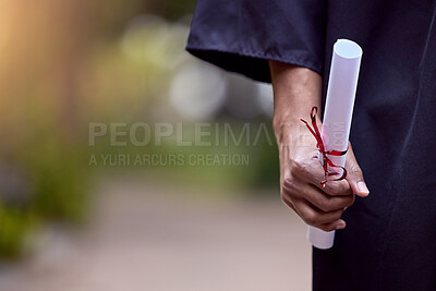 Buy stock photo Graduate, paper or diploma outdoor for celebration, achievement and education ceremony in college. Person, degree or certificate in hand for university event, student success and scholarship award