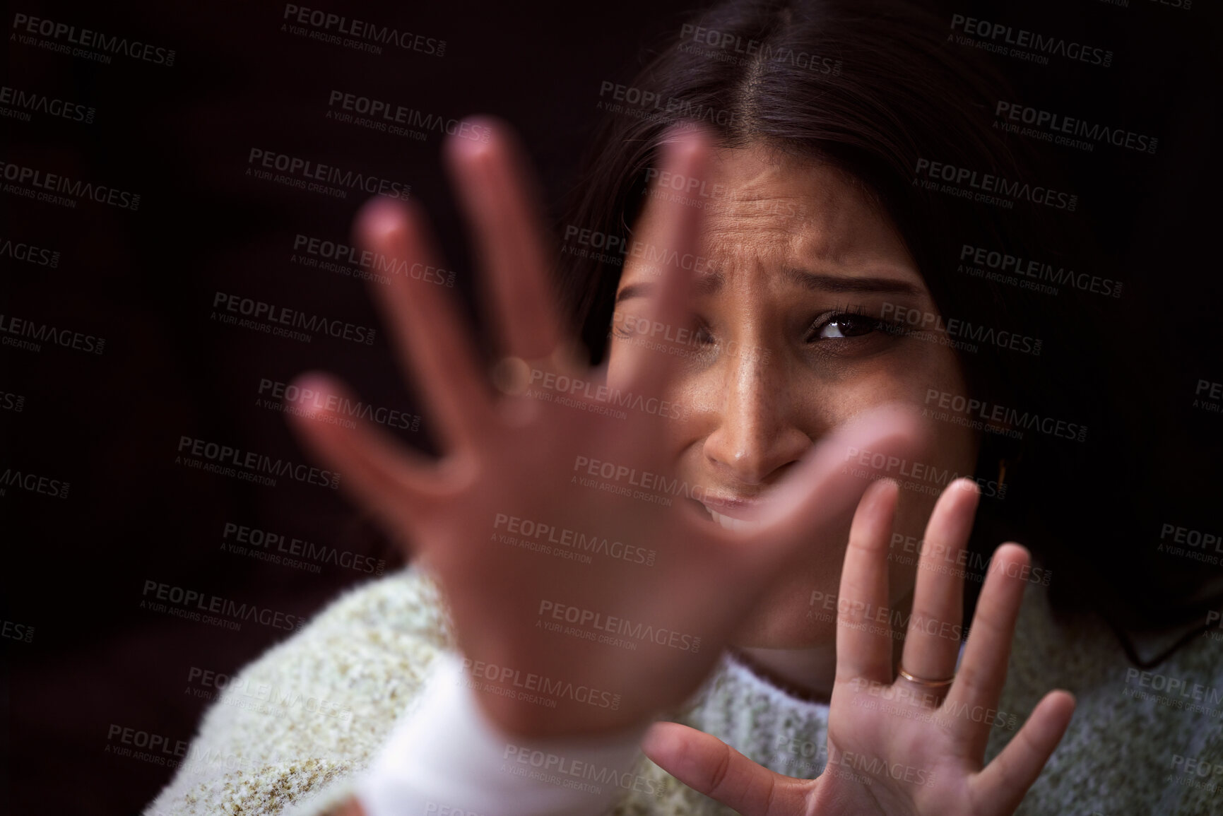 Buy stock photo Portrait, fear and woman with hands to stop domestic violence, sexual harassment or crime in studio. Pain, anxiety and scared girl in fight for gender abuse, danger and crying on black background.