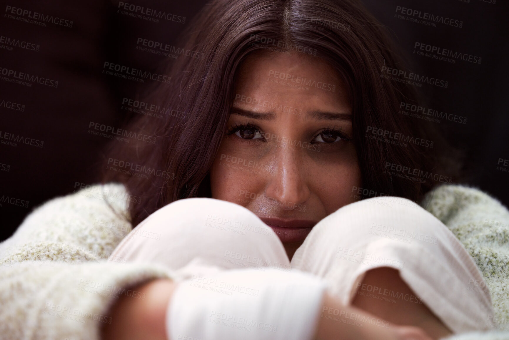 Buy stock photo Portrait, crying and girl with fear, domestic violence or frustrated with sexual harassment crime. Pain, sad and scared woman with gender abuse, danger and stress in mental health on black background