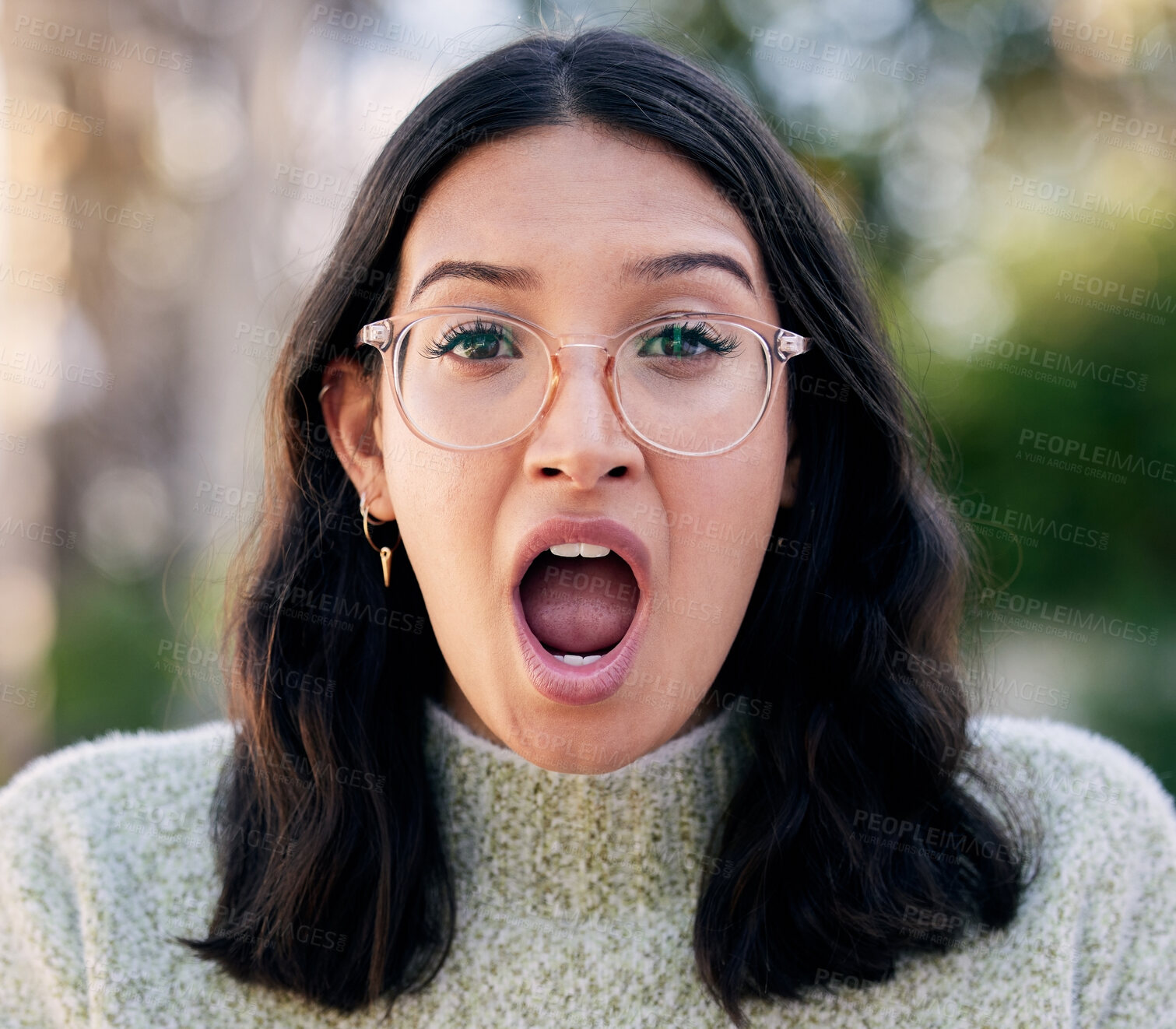 Buy stock photo Woman, portrait and surprised of shocked for gossip, announcement and expression in nature. Emotion, face and wow or wtf emoji for female person, glasses and mind blown and amazed for secret or omg