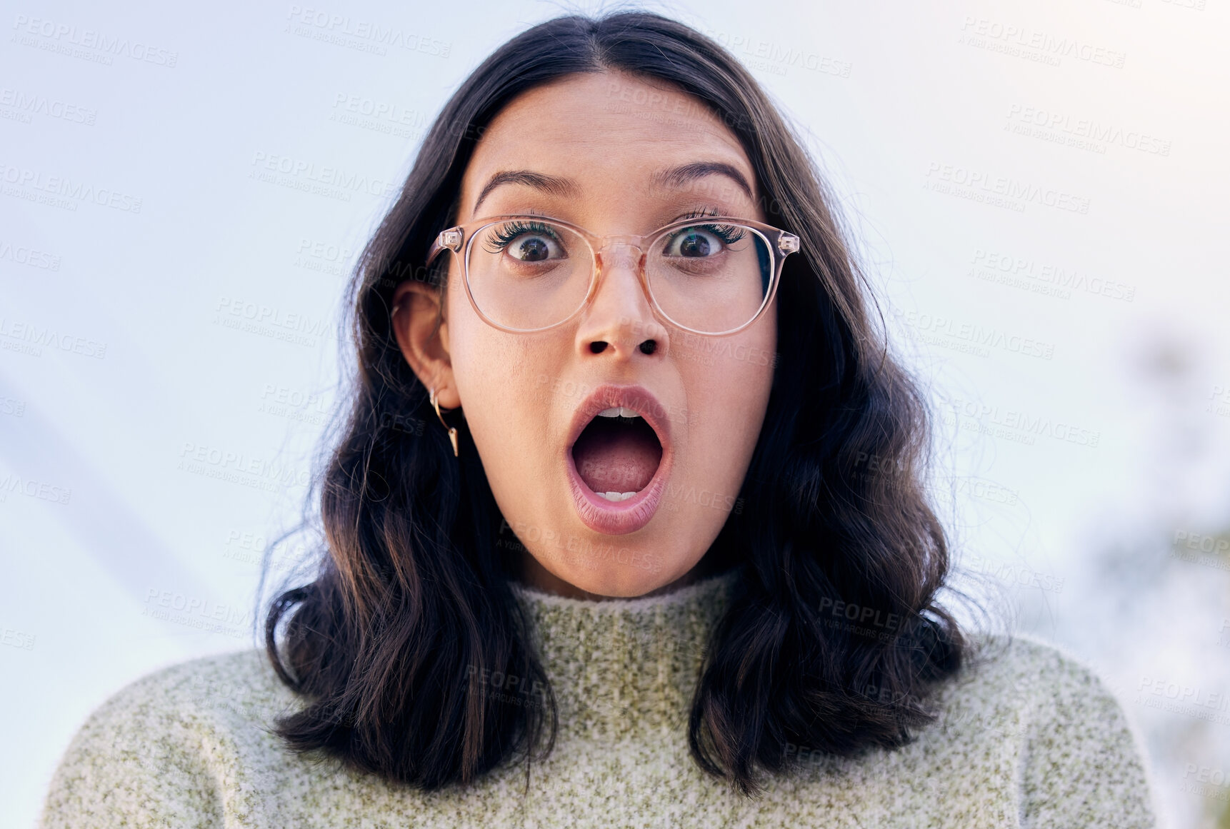 Buy stock photo Woman, portrait and surprised of shocked for gossip, announcement and expression in nature. Emotion, face and wow or wtf emoji for female person, glasses and mind blown and amazed for secret or omg