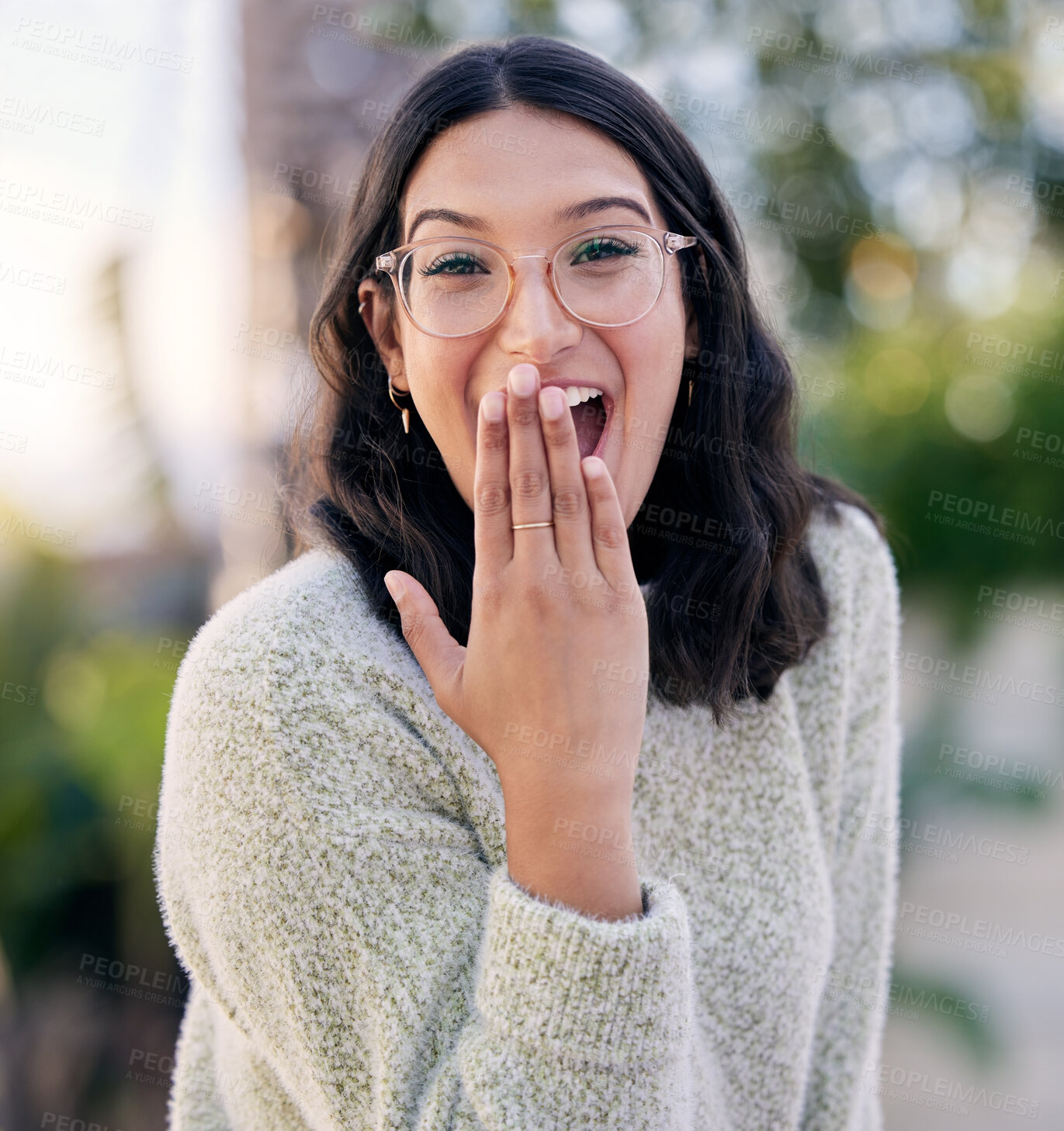 Buy stock photo Woman, hand and surprised with secret or gossip, emotion and expression for shocked. Portrait, face and wow or wtf emoji for female person, sale and mind blown for discount or announcement for omg