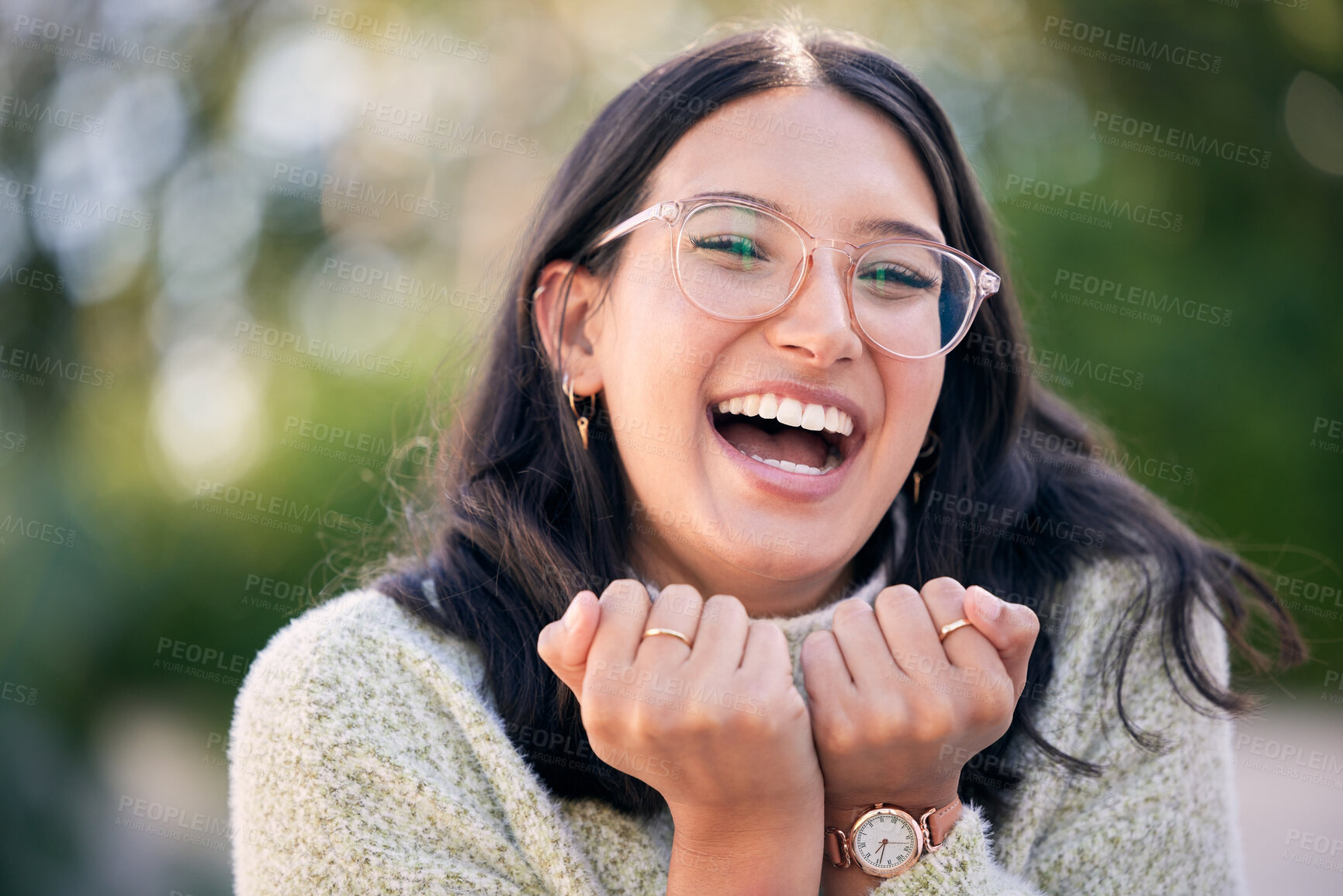 Buy stock photo Woman, hands and happy for surprise and emotion or expression, joy and nature for good news. Wow, omg and excited for discount or sale for retail and customer, glasses and female person for shocked