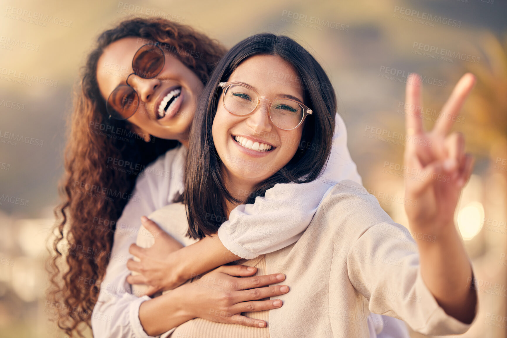 Buy stock photo Women, friends and outdoor with peace sign or happiness in summer, travel or vacation in nature. Female people, hand sign and smile in countryside for holiday, together for wellness in Thailand