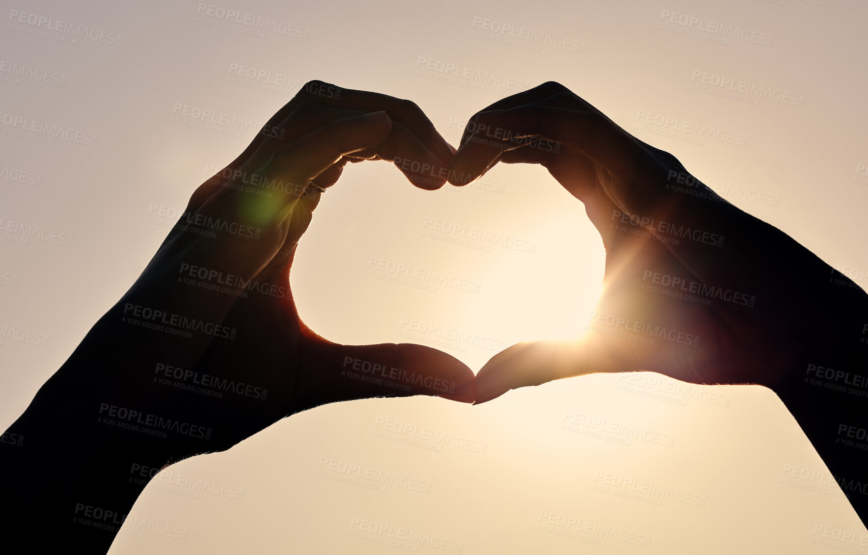 Buy stock photo Hands, heart and emoji in outdoor for love, sky and peace or kindness symbol for couple support. People, together and solidarity for freedom in nature, collaboration and icon for holiday or vacation