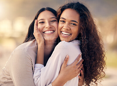 Buy stock photo Portrait, lesbian and women outdoor, hug and love with a smile, freedom and sexuality with romance. Face, couple and girls embrace, lgbtq relationship and romantic with support, loving and bonding